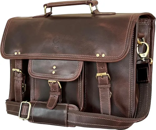 Miniatura 8 de RUSTIC TOWN Bolso bandolera de cuero para hombre – Maletín de cuero de grano completo para laptop, bolsa de viaje cruzada de oficina Marrón