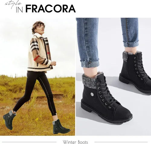 Miniatura 6 de Botas de combate de piel sintética para mujer, con forro de piel cálida, botines negros con cremallera lateral, botas de invierno antideslizantes