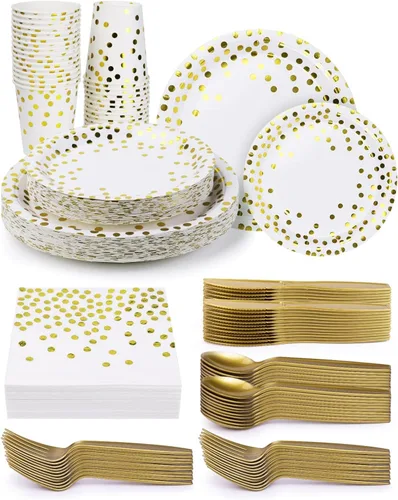 Miniatura 10 de 224 piezas de suministros para fiestas, platos de fiesta negros y dorados, juegos de vasos y servilletas con cuchillos, tenedores y cucharas
