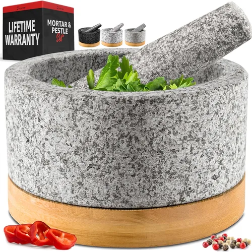 PriorityChef Juego de Mortero y Mano de Mortero Resistente con Base de Bambú, Molinillo de Piedra de Granito 100% Natural, Tazón y Machacador de Gris