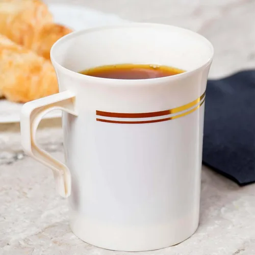 Efavormart - Paquete de 8 tazas de café de plástico blanco de 8 onzas con borde dorado, tazas desechables de cacao caliente de la colección Tres