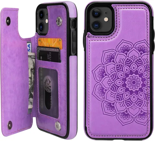 Miniatura 8 de Vaburs Funda compatible con iPhone 11 con tarjetero y diseño de mandala en relieve, piel sintética de alta calidad, doble botones magnéticos, a Gris