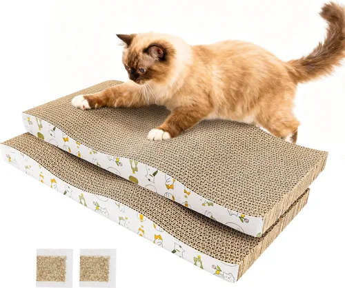 Miniatura 13 de PatiencET Paquete de 4 almohadillas para arañazos para gatos con caja, rascador de cartón para gatos de interior, rascador reversible con caja
