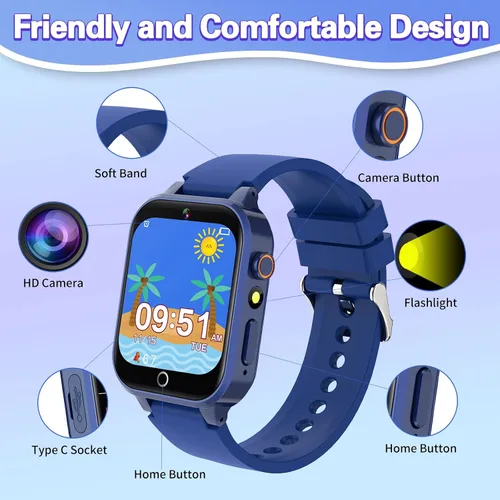 Miniatura 7 de Vakzovy Reloj inteligente para niños con 26 juegos de rompecabezas, cámara HD, reproductor de MP3, audiolibros, video, podómetro, seguimiento
