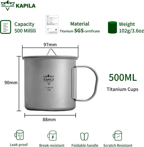 Miniatura 2 de KAPILA Taza de titanio de 16.9 fl oz, taza ligera para mochileros, camping, mango plegable, olla de titanio con tapa, camping, senderismo, picnic