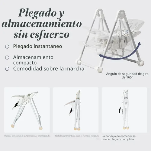 Miniatura 3 de Trona 5 en 1 para bebé, sillas de columpio para bebés, plegables, balanceo con 8 niveles de ajuste de altura, ecológica, lavable, cojín de PU Blanco