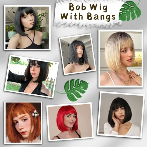 Miniatura 7 de Colorful Queen Pelucas rojas estilo Bob para mujer, peluca corta de 14 pulgadas con flequillo, peluca sintética recta Yaki, aspecto natural