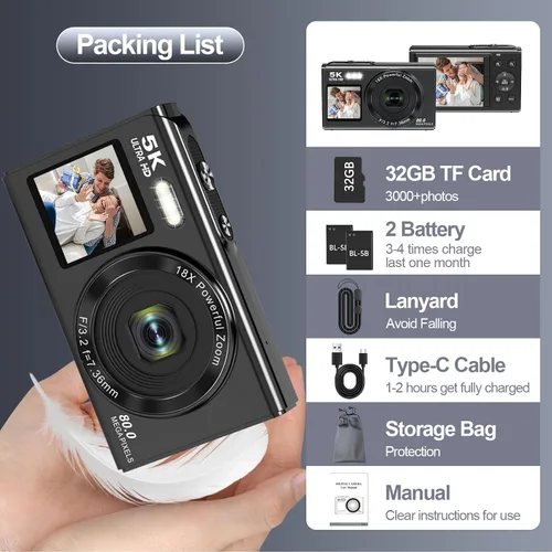 Miniatura 8 de Cámara digital 5K, cámara de vlogging de 80 MP para YouTube con zoom digital y flash de 18X, cámara de pantalla dual con tarjeta TF de 32 GB y 2