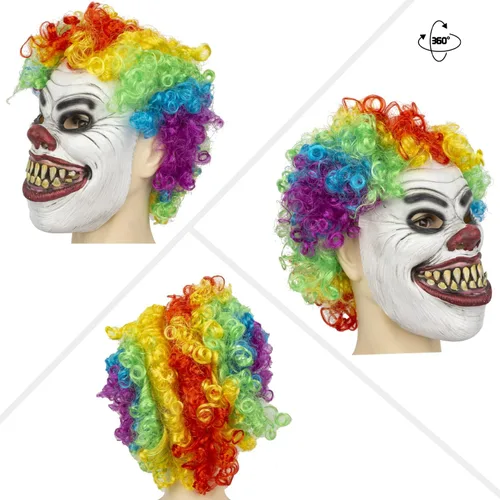 Miniatura 6 de PartyHop Máscara de payaso con peluca de látex de mandíbula móvil de cabeza completa, máscara de terror aterrador, vestido elegante para Halloween