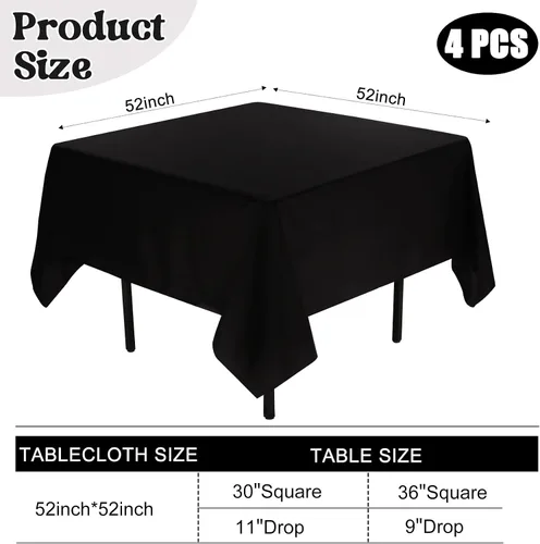 Miniatura 2 de Paquete de 4 manteles cuadrados de mesa de 52 x 52 pulgadas, mantel negro lavable a máquina, tela de poliéster, cubierta de mesa para comedor