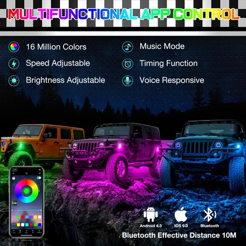 Miniatura 3 de SWATOW - Juego de luces de neón de 4 x 4 pulgadas, luces de roca RGB LED, luces subterráneas con control Bluetooth, luces multicolor para ruedas