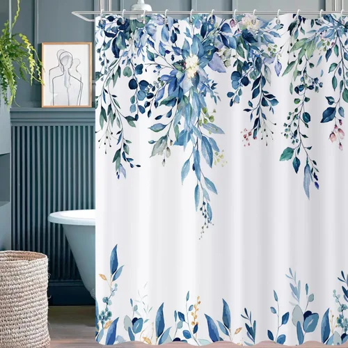 Miniatura 21 de Cortina de ducha de hojas de eucalipto en blanco y negro, hojas de acuarela negras y doradas, cortina de baño con plantas botánicas, tela