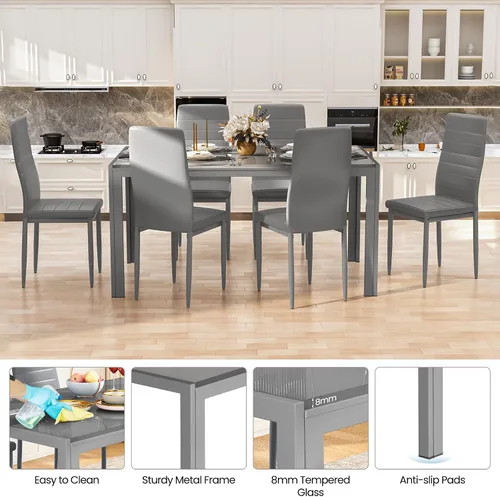 Miniatura 9 de DKLGG Juego de mesa de comedor de 7 piezas para 6, mesa de cocina de vidrio templado con sillas de cuero PU, juego de mesa de comedor moderno