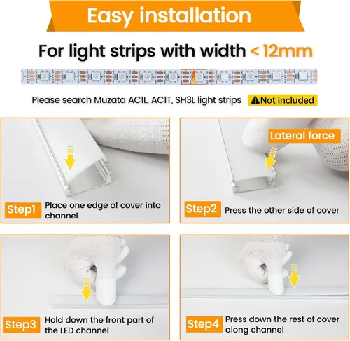 Miniatura 6 de Muzata Paquete de 10 canales LED de aluminio en forma de U de 6.6 pies/6.6 ft de canal difusor de tira LED plateado con cubierta blanca lechosa
