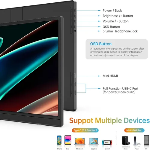 Miniatura 7 de ForHelp Monitor portátil de 14 pulgadas FHD1200P ultradelgado para monitor de portátil, USB-C y HDMI Plug & Play, 100% SRGB, pantalla extensor
