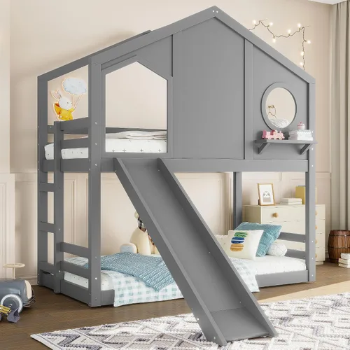 Miniatura 14 de JIVOIT Litera de madera con diseño de techo y ventanas, litera individual sobre individual con nido y escalera integrada para niños, adolescentes