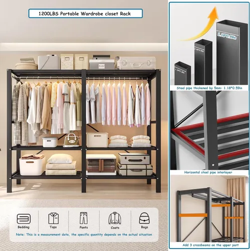 Miniatura 8 de Perchero cubierto resistente con puerta magnética, plegable, portátil, para colgar ropa, perchero de metal negro con ruedas (negro, 49.12 pulgadas)