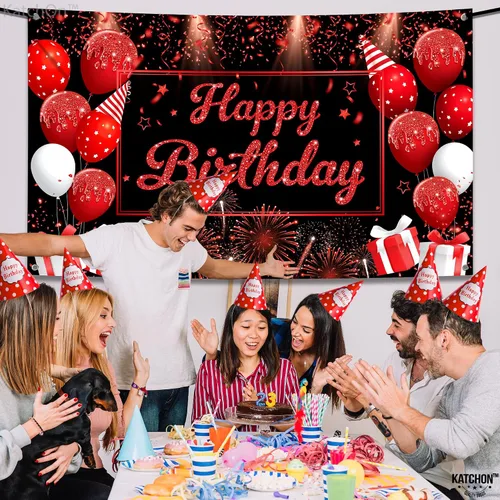 Miniatura 6 de KatchOn, Cartel de feliz cumpleaños rojo y negro - Xtragrande 72 x 44 pulgadas Cartel de fondo para decoraciones de feliz cumpleaños