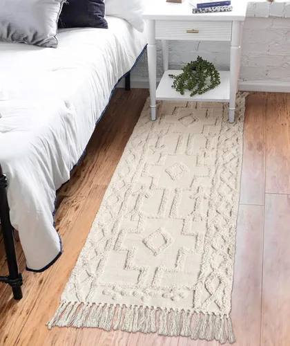 Miniatura 6 de Uphome Alfombra bohemia para pasillo de 2 x 6 pies, color beige, de algodón, lavable, con borlas, tejida a mano, alfombra de pasillo occidental
