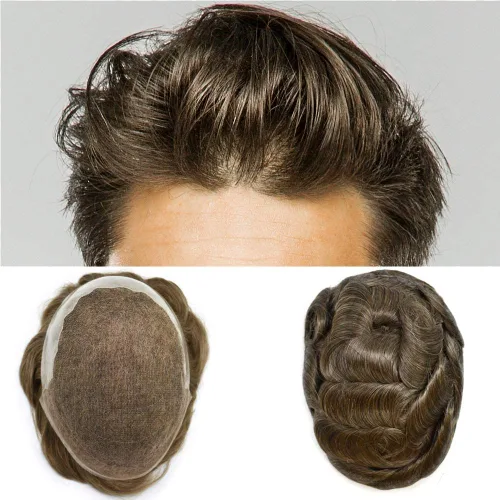 Miniatura 86 de Toupee para hombres pieza de pelo suave suizo encaje real sistema de cabello humano reemplazo blanqueado nudo mens tupé sistema de pelo para hombres