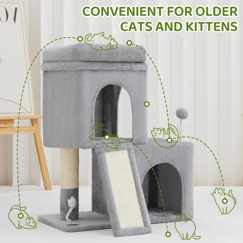 Miniatura 6 de Woochpet Árbol para gatos de 24 pulgadas de alto con 2 condominios para gatos y juguete de ratón, acogedora torre pequeña para gatos con poste