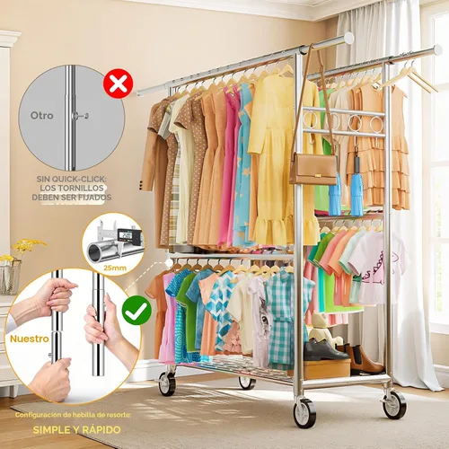 Miniatura 8 de Perchero resistente con carga de 1060 libras, cuatro barras de ropa rodantes para colgar ropa, estante de ropa rodante con ruedas resistentes, Plata