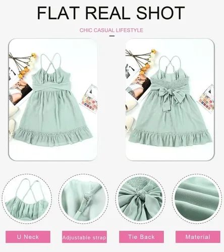 Miniatura 3 de Dokotoo Vestidos de tirantes delgados para mujer, cuello redondo, lazo, sin mangas, cintura elástica, dobladillo con volantes, acampanado, casual