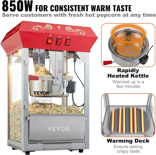 Miniatura 4 de VEVOR - Máquina comercial para hacer palomitas, hervidor de 8 oz, máquina de palomitas de 850 W para 48 tazas por tanda, máquina de palomitas