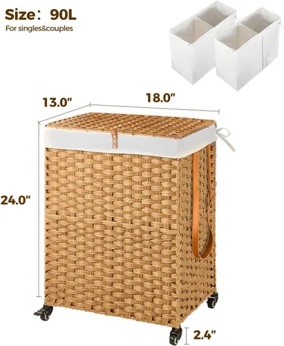 Miniatura 96 de GREENSTELL Cesta para ropa sucia con ruedas y tapa, 130 L, cesta grande de 3 secciones con 2 tipos de bolsas de forro extraíbles, 5 bolsas de malla