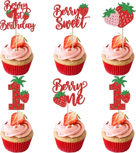 Miniatura 36 de Paquete de 24 adornos para cupcakes Sweet One con purpurina para primer cumpleaños, fresa, cupcakes, para frutas, baby shower, primer cumpleaños