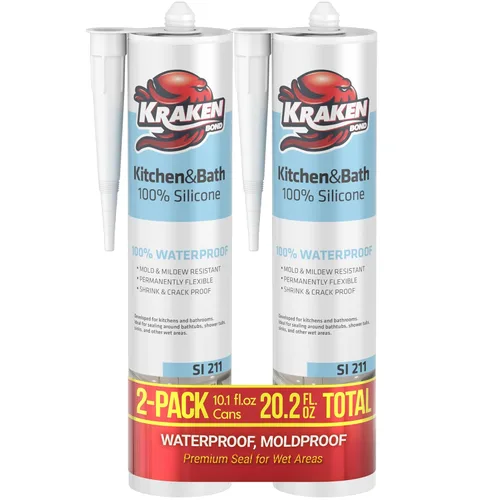 Kraken Bond Calafateo de silicona de alta calidad para cocina y baño, color blanco, (2 x 10.1 onzas líquidas) RTV de silicona blanca impermeable