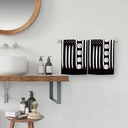 Miniatura 5 de Juego de 2 toallas de mano de béisbol, regalo para los amantes del béisbol, suaves y absorbentes, toallas de baño con bandera estadounidense