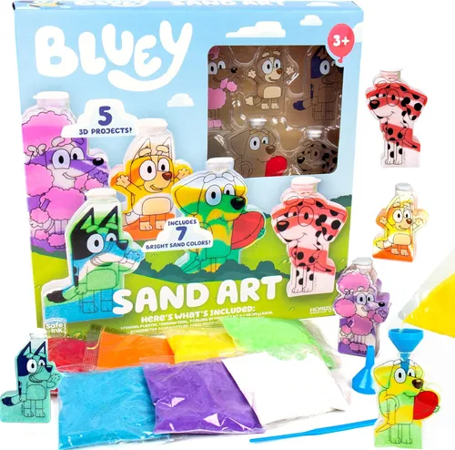 Bluey Kit de arte de arena, incluye 5 botellas de arte de arena y 7 arenas de colores, crea tu propio arte de arena, kit de bricolaje, proyecto de