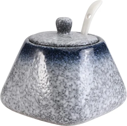Cabilock Azucarero japonés de cerámica, recipiente de condimento vintage, tarro de almacenamiento de sal con tapa y cuchara para cocina, Azul