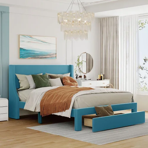 Miniatura 3 de Anwick Base de cama de terciopelo de tamaño matrimonial con cajón de almacenamiento, cama moderna tapizada con cabecera y listones de madera maciza