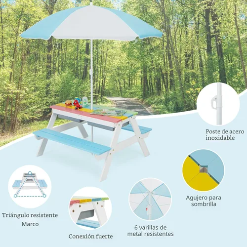 Miniatura 8 de HONEY JOY Mesa de picnic para niños, mesa de madera de cedro 4 en 1 para arena y agua con 2 cajas extraíbles y paraguas, mesas de picnic para niños