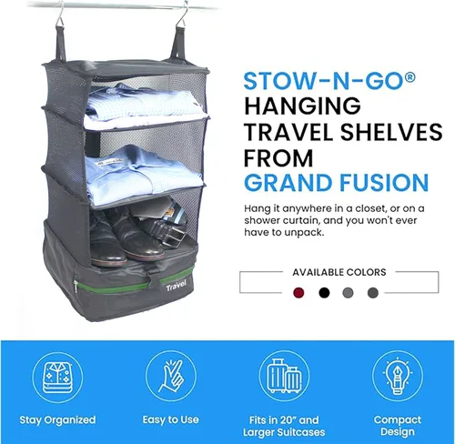 Miniatura 9 de Grand Fusion Stow-N-Go Organizador de equipaje de viaje Estantes de viaje colgantes portátiles, organizador de armario de mano, cubos de embalaje