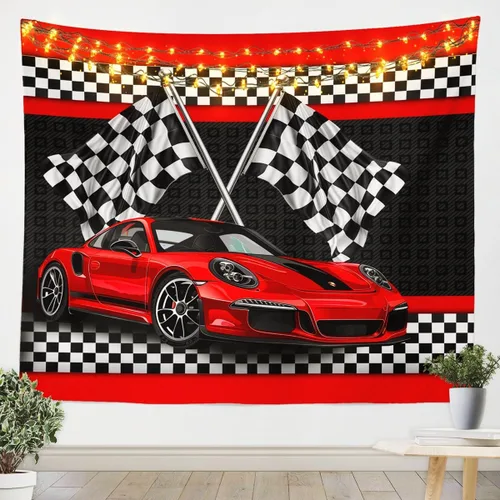 Manfei Tapiz de coche de carreras, tapiz de pared para automóvil deportivo, bandera a cuadros negros y blancos para colgar en la pared, decoración