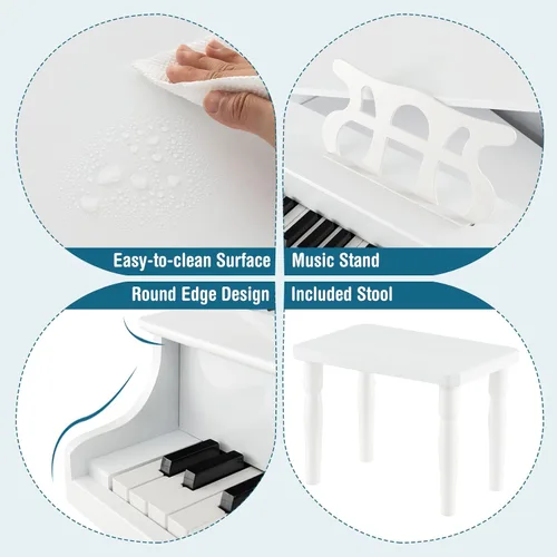 Miniatura 3 de HONEY JOY Piano clásico para niños, mini piano de cola de 30 teclas con soporte de música y banco, juguete de instrumento musical de madera con tapa