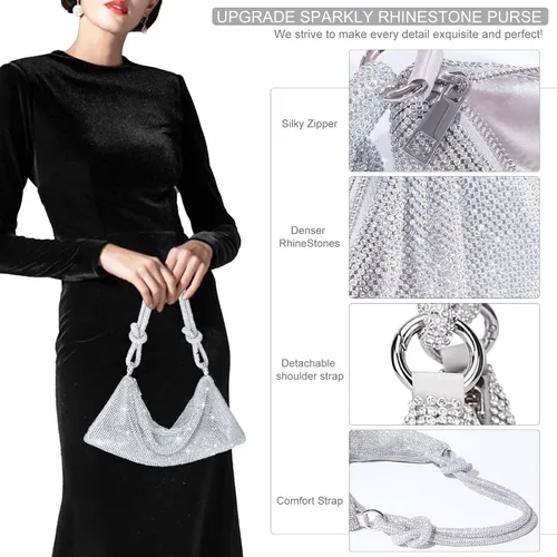 Miniatura 3 de Bolso de noche brillante con diamantes de imitación, bolso de noche con purpurina plateada para mujer, bolso Hobo