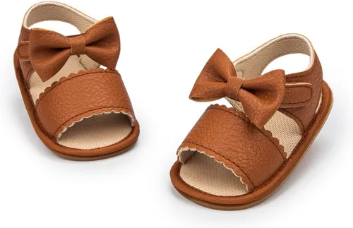Miamooi Sandalias de verano para bebés y niñas, zapatos de cuna con lazo, zapatos de piel sintética para niños pequeños, suela de goma suave,