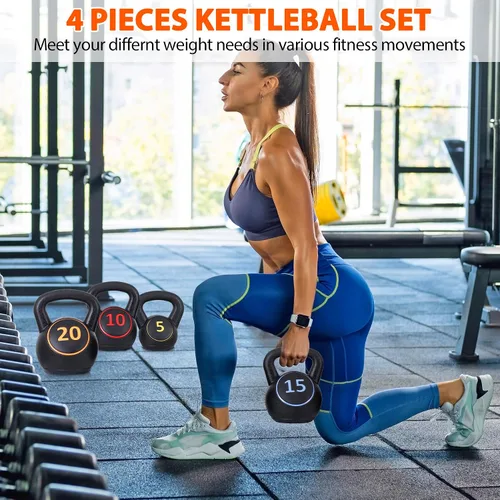 Miniatura 5 de Juego de pesas rusas Kettle Grip para entrenamiento de fuerza, juego de 4 campanas hervidoras con pesas de 5 libras, 10 libras, 15 libras, 20