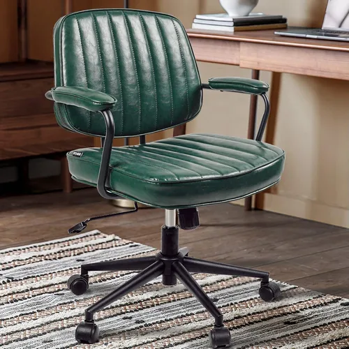 Miniatura 9 de Silla de oficina moderna de mediados de siglo, silla de escritorio ergonómica de piel sintética con ruedas y brazos, silla giratoria ajustable