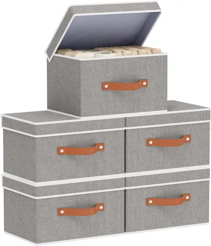 Miniatura 12 de Contenedor de almacenamiento de tela, cesta de almacenamiento con tapas, caja organizadora de armario con asas para zapatos, libros, toallas, blanco