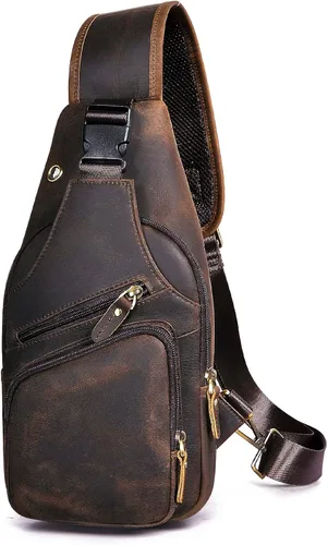 Le'aokuu Bolso cruzado de moda para hombre, diseño de té, estilo casual, para viajes, senderismo, en el pecho, con correa de hombro, de cuero para