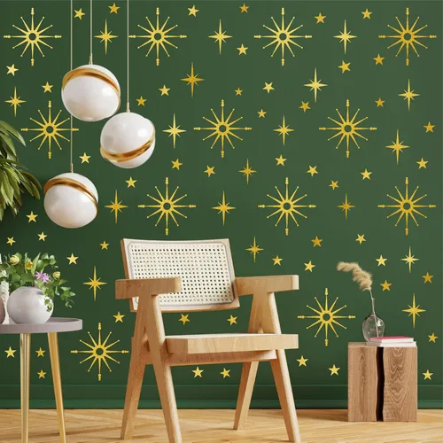 Miniatura 2 de Calcomanías de pared con estrella dorada, diseño retro de explosión de estrellas, calcomanías para dormitorio, sala de estar, decoración de techo