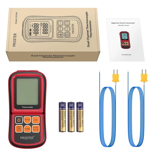 Miniatura 8 de Proster tester medidor de temperatura con retroiluminación LCD de dos canales con termómetro y termopar digital para clase K/J/T/E/R/S/N, con dos