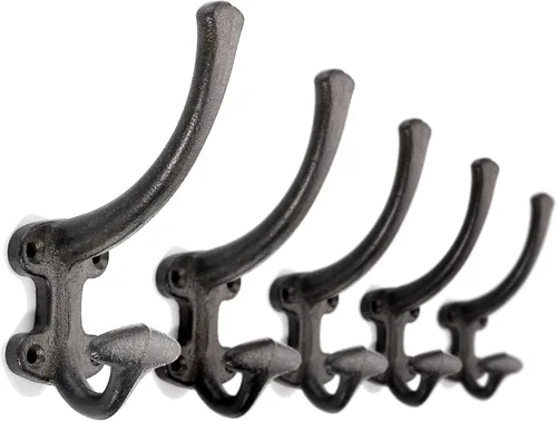 Ambipolar Paquete de 5 ganchos decorativos de hierro fundido de servicio pesado de doble pared, ganchos vintage, ganchos para abrigos en negro