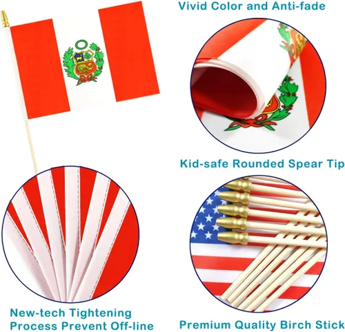 Miniatura 3 de QQSD Mini banderas de mano con bandera peruana de Perú, poste de madera maciza con punta de lanza, paquete de 12