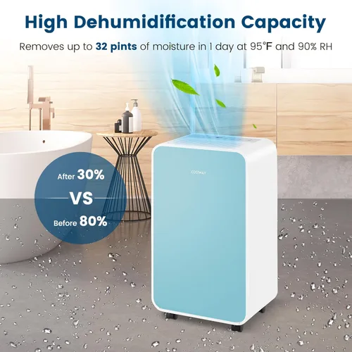 Miniatura 5 de COSTWAY Deshumidificador de 2500 pies cuadrados para sótano, 32 pintas, deshumidificador silencioso portátil para dormitorio, baño, con modo de Azul